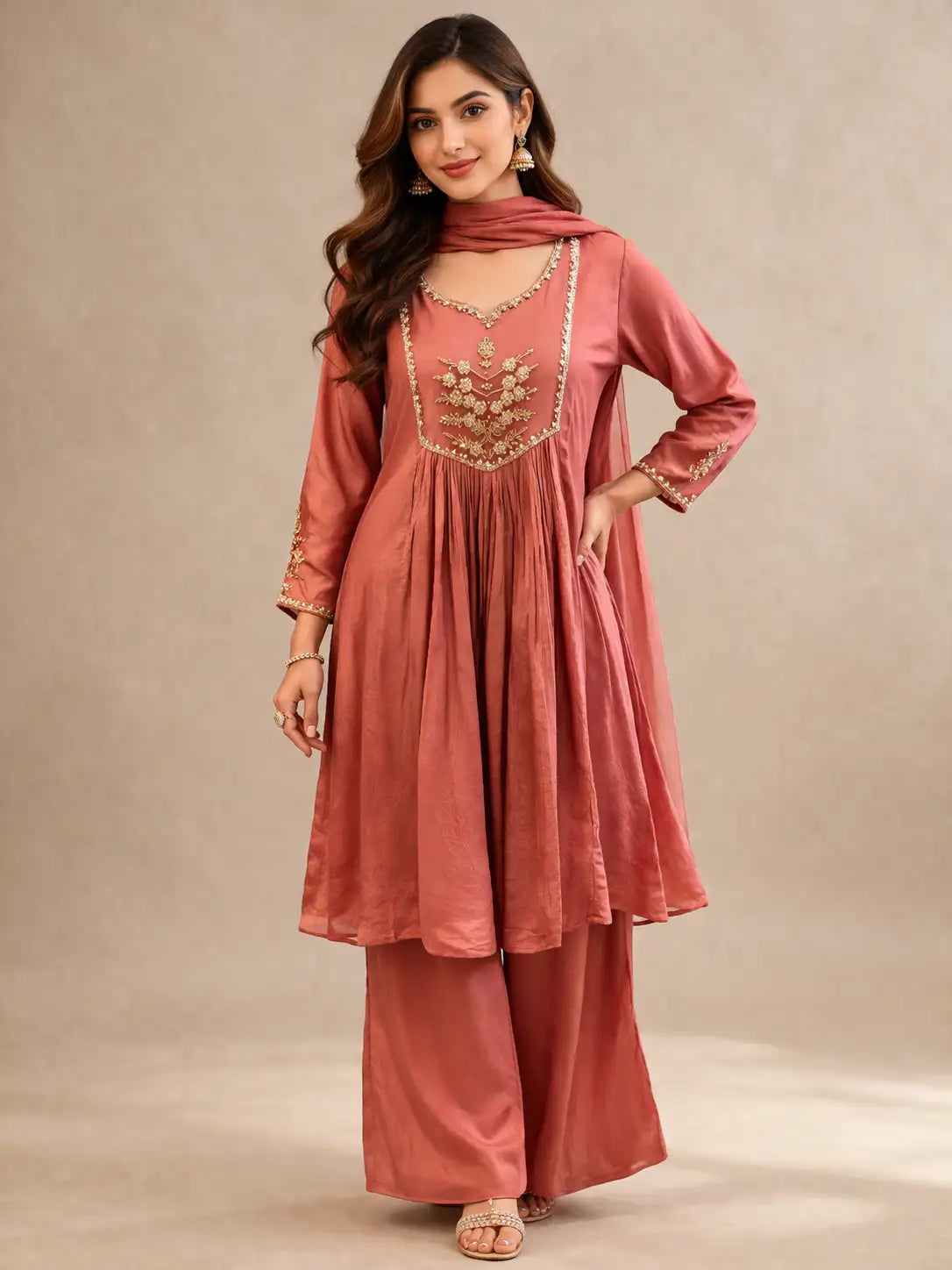 Dusty Rose Embroidered Silk Anarkali Kurta Set with Dupatta